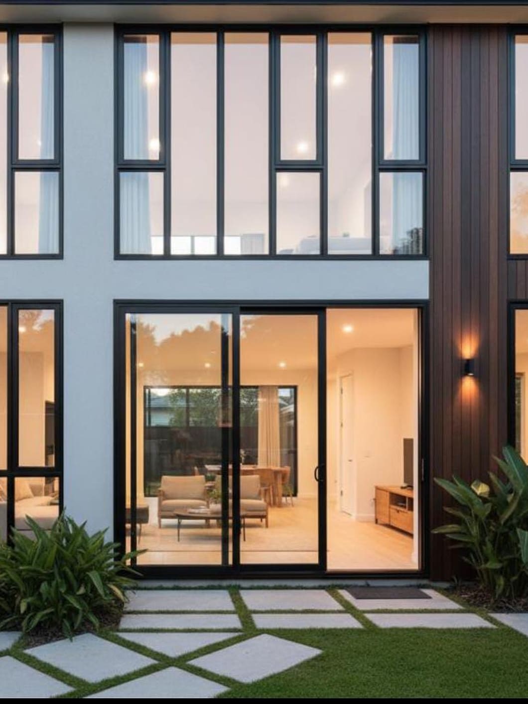 Modern home at dusk with black aluminium-framed windows and a wide sliding glass door