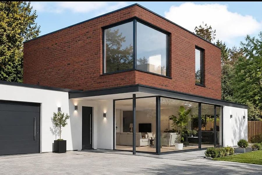 Modern house with large aluminium-framed glass doors opening to a paved driveway