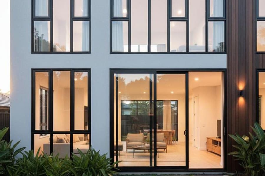 Aluminium-framed glazing and partition work on a contemporary building elevation