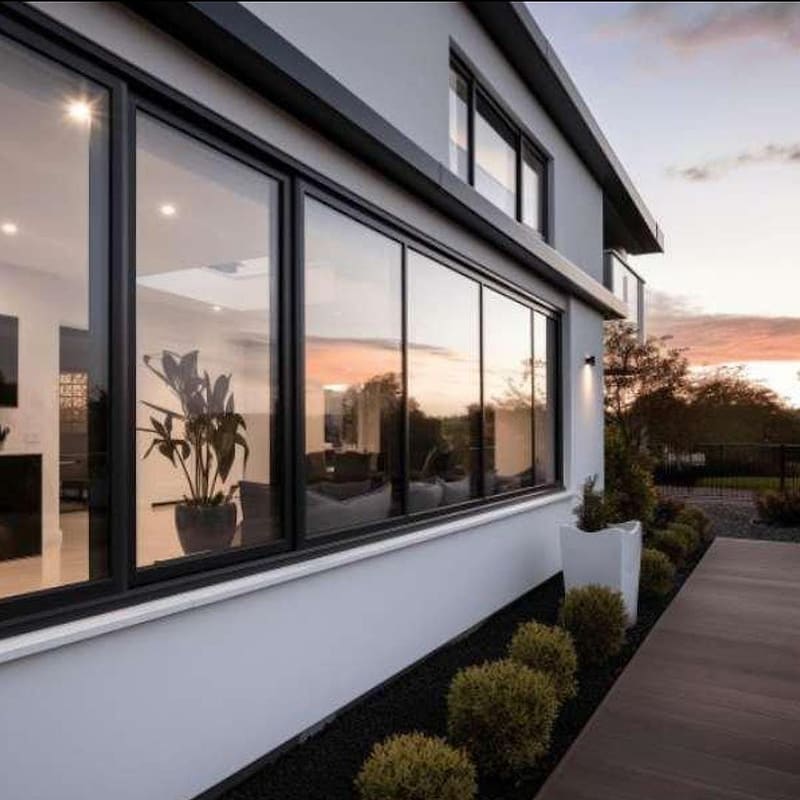 Row of black aluminium picture windows reflecting an evening sky